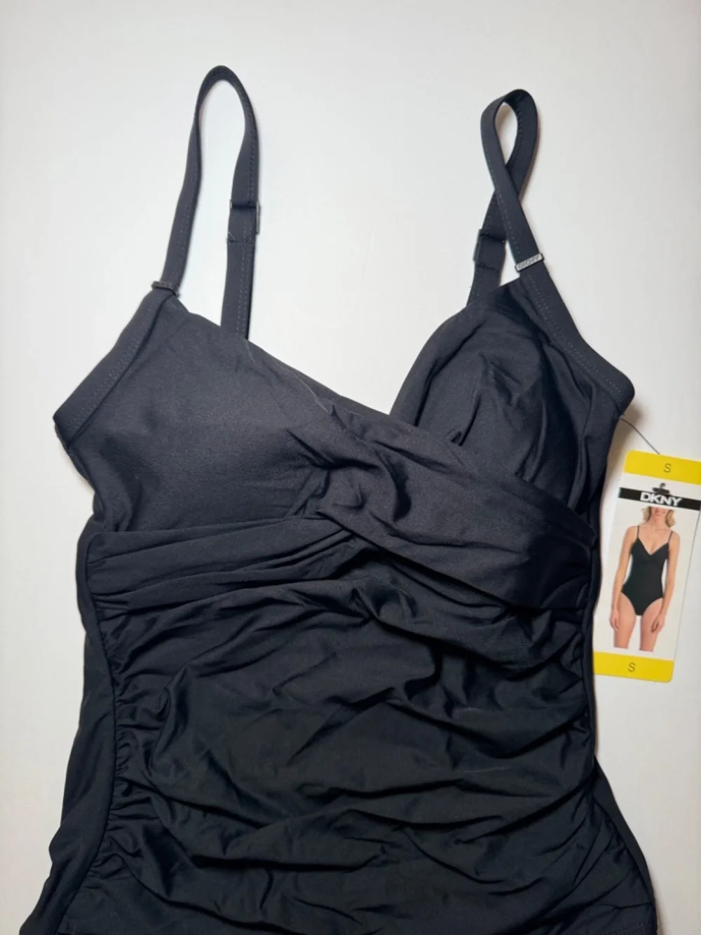 DKNY One Piece Swimsuit Small Black Ruched Twist Front NWT - Picture 4 of 6